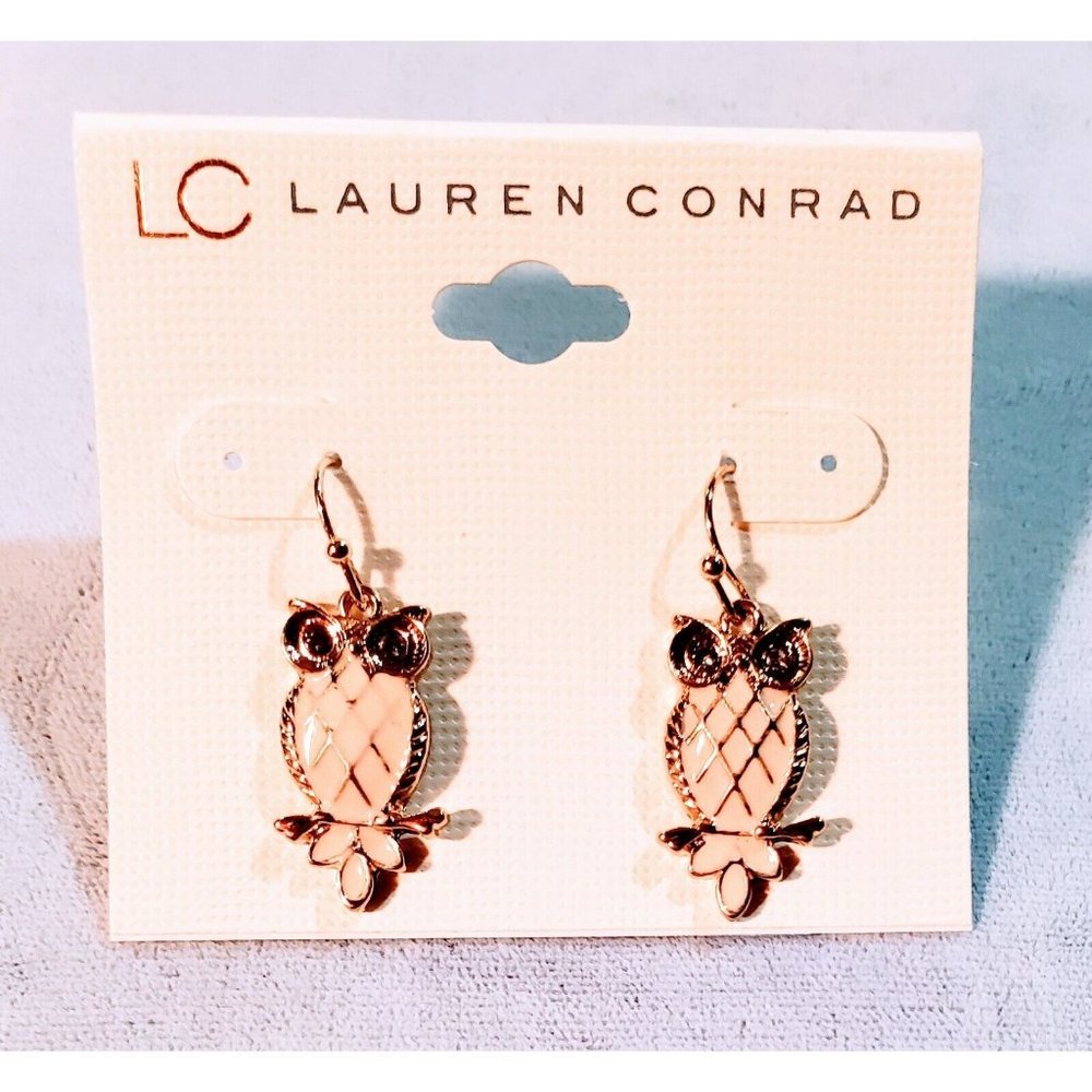 LC LAUREN CONRAD Gold Tone Beige Enamel Owl Dangle Earrings NWT
